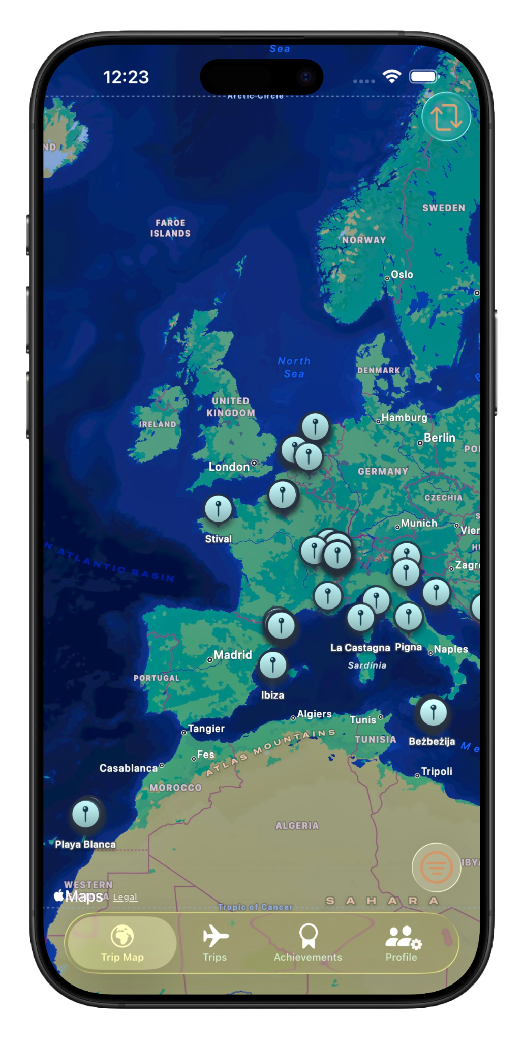 Tripix interactive travel map showing trips across Europe