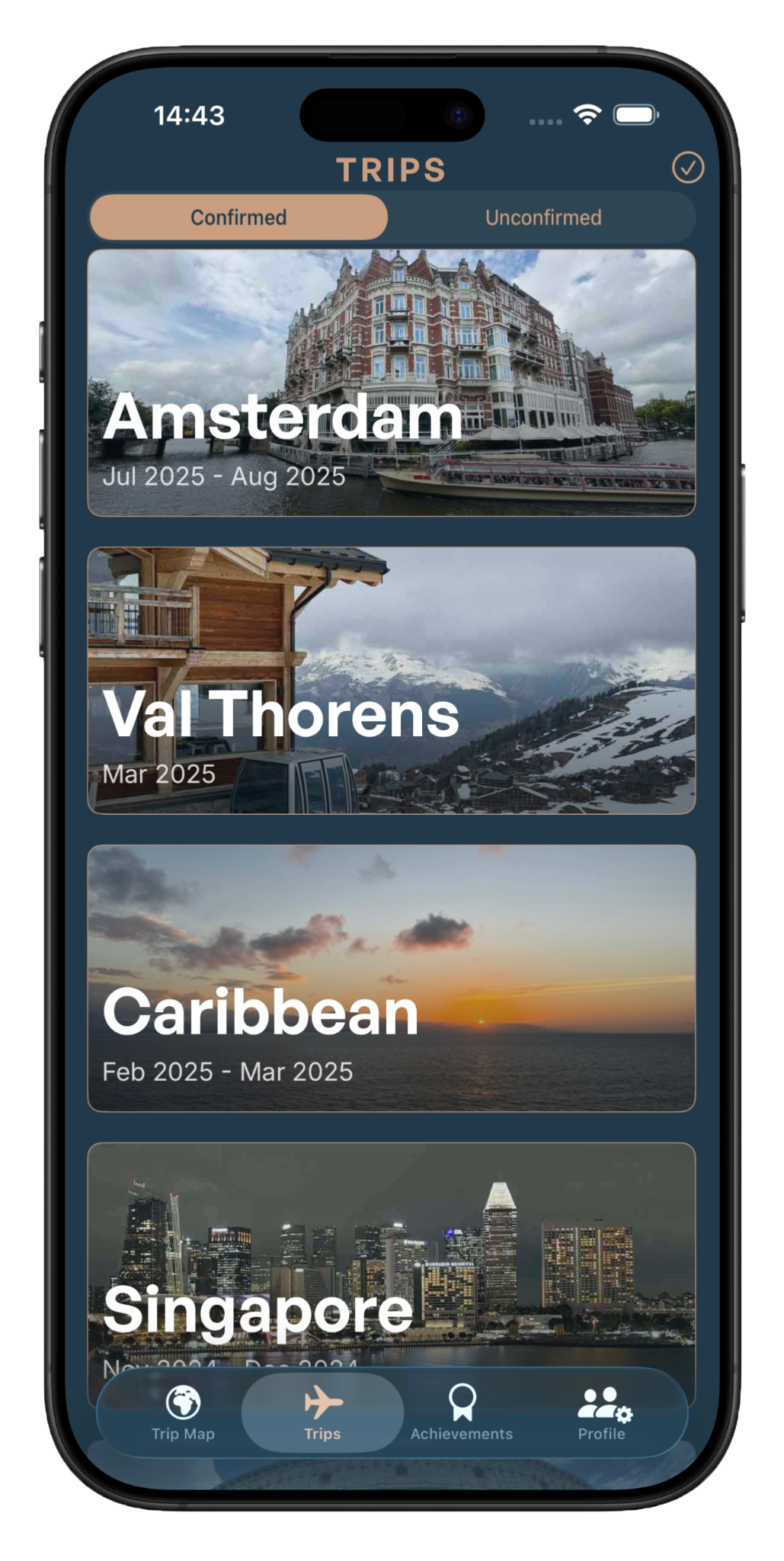 Tripix Trips screen with travel cards for Amsterdam, Val Thorens, Caribbean and Singapore