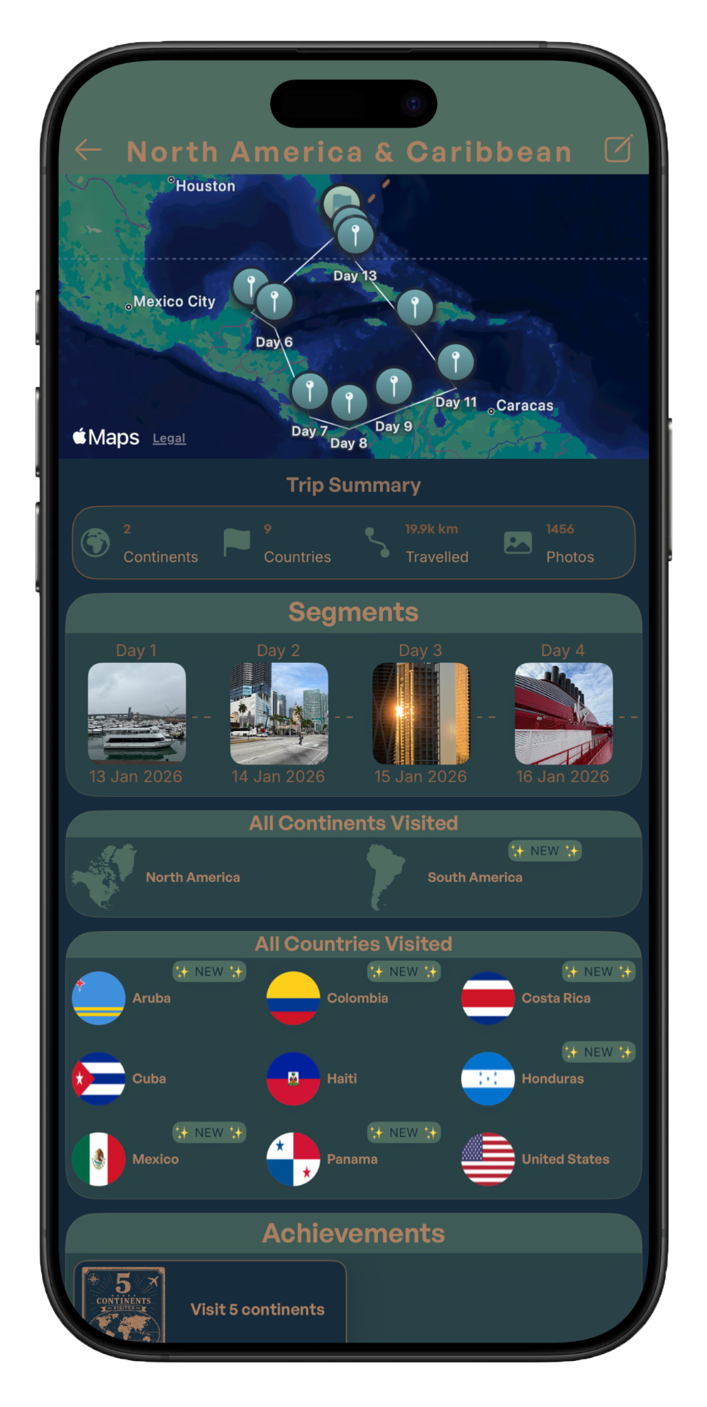 Tripix trip detail showing a Caribbean journey, map, segments, countries and achievements