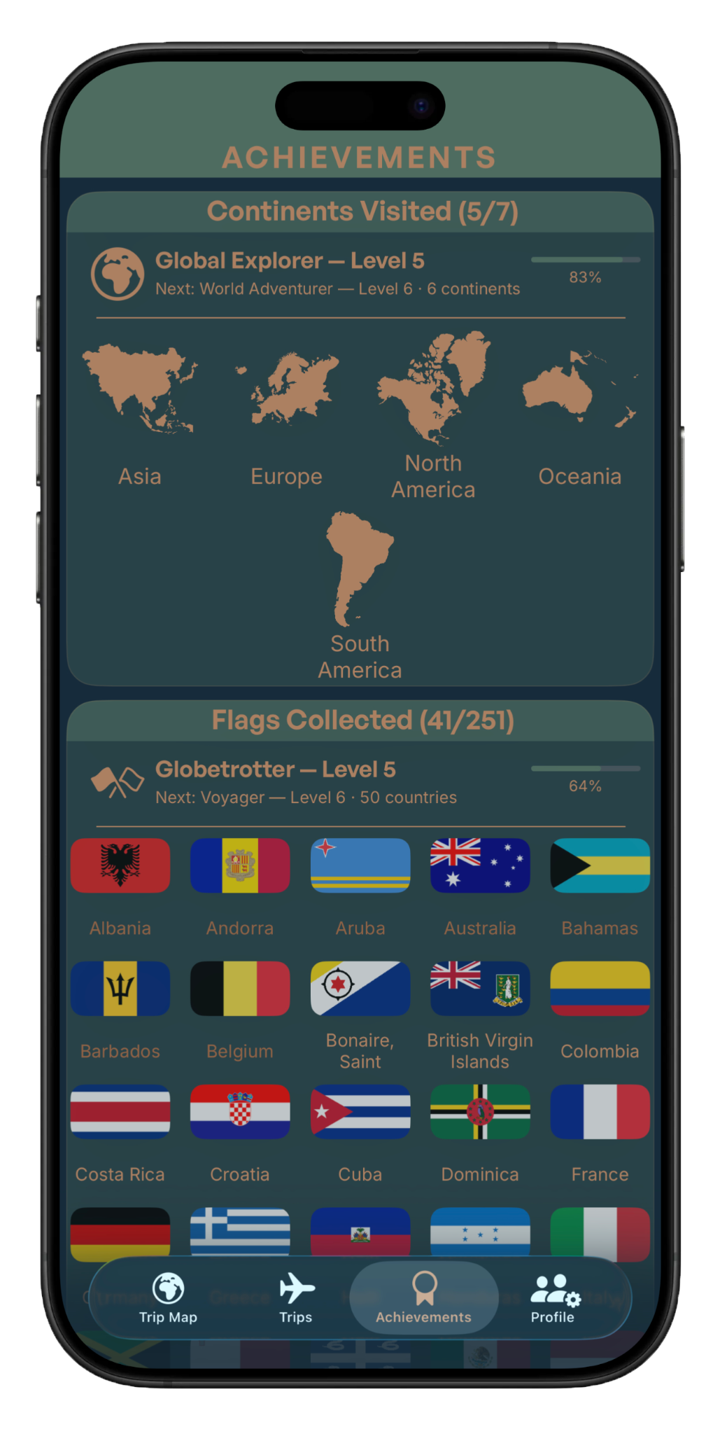 Tripix Achievements screen showing continents visited and flags collected
