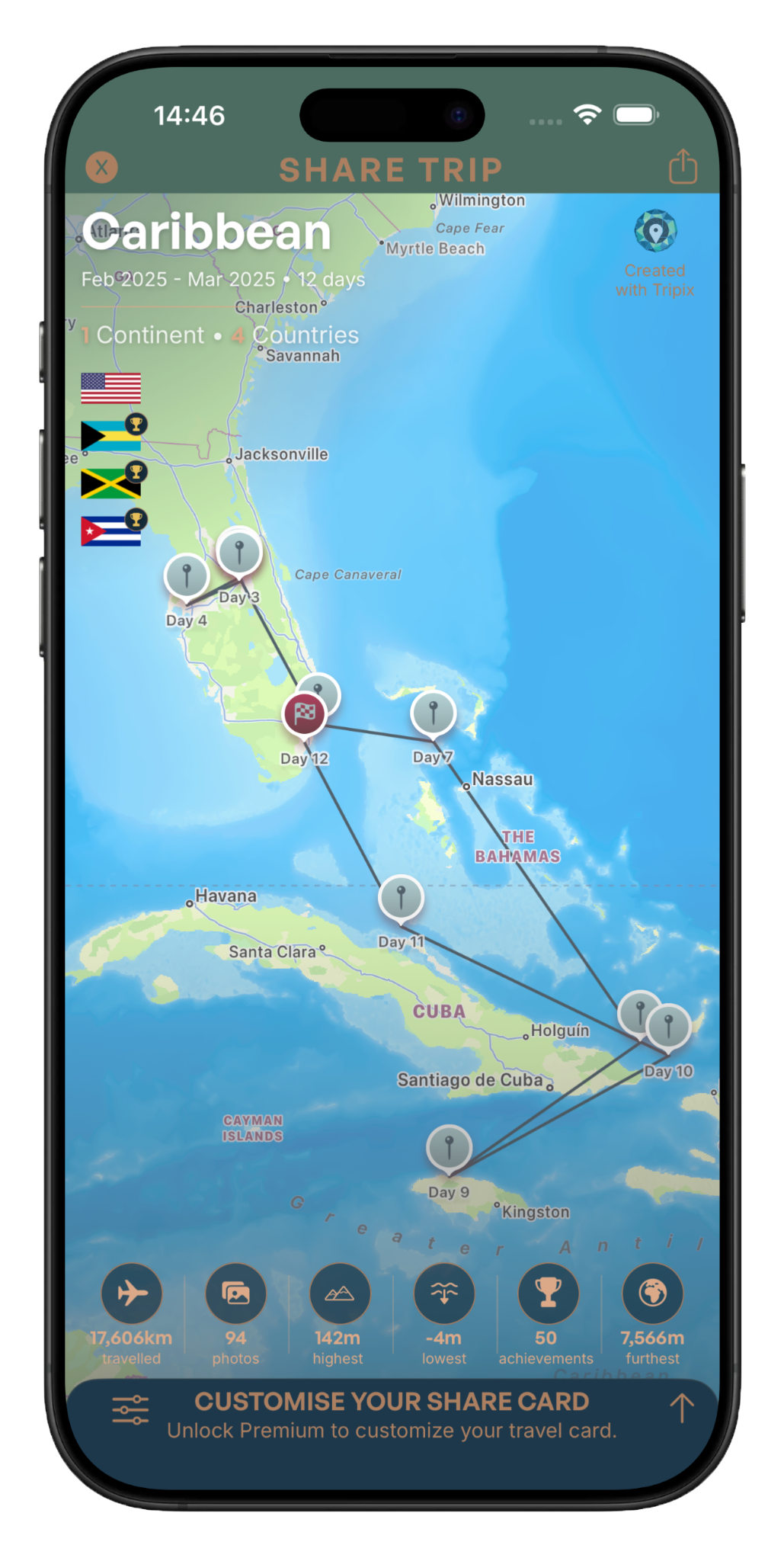 Tripix Share Trip screen showing a Caribbean journey map and travel statistics